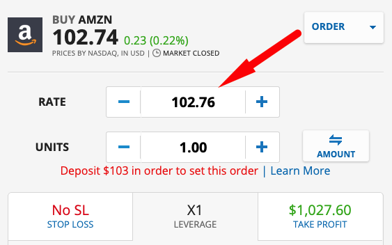 Limit Order στο eToro για αγορά Amazon